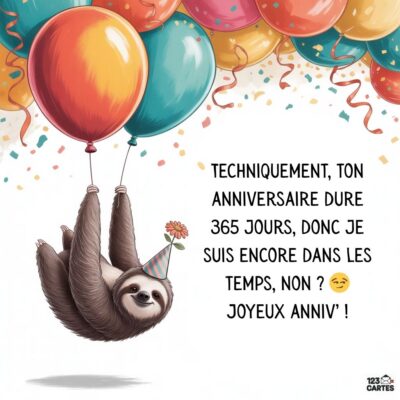 Carte d'anniversaire humoristique avec un paresseux tenant des ballons, célébrant un anniversaire en retard avec un message amusant.