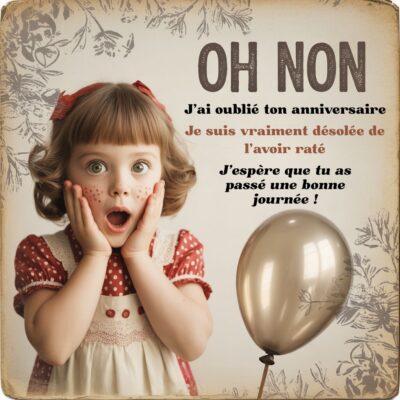 Carte d'anniversaire en retard avec une fillette surprise, tenant son visage entre ses mains, s'excusant pour l'oubli.