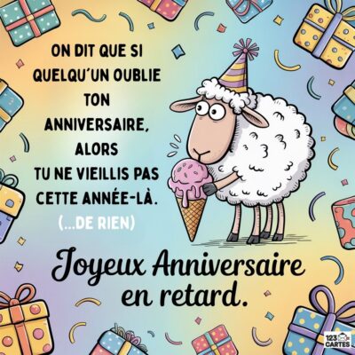 Carte humoristique pour un anniversaire en retard, illustrée d'un mouton avec une glace et des cadeaux colorés en arrière-plan.
