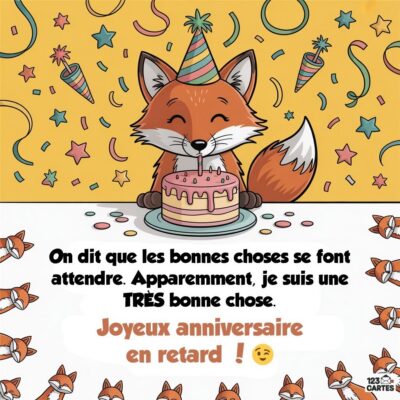 Carte d'anniversaire humoristique avec un renard souriant devant un gâteau, décorée de confettis. Texte : Joyeux anniversaire en retard !