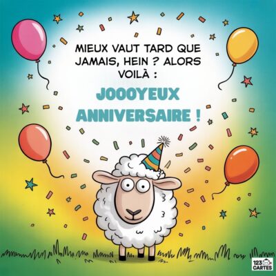 Carte humoristique pour un anniversaire en retard, montrant un mouton avec un chapeau de fête et des ballons colorés.
