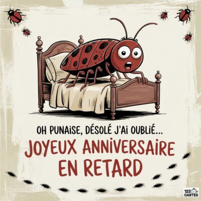 Illustration humoristique d'une punaise depuis son lit, s'excusant pour un anniversaire en retard avec une expression surprise.