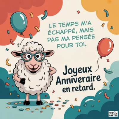 Carte humoristique avec un mouton portant des lunettes, tenant un verre. Texte : Joyeux Anniversaire en retard! et ballons colorés.