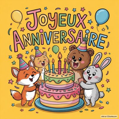Carte d'anniversaire avec un renard, un ours et un lapin célébrant autour d'un grand gâteau décoré de bougies.