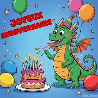 Un dragon souriant porte un chapeau de fête à côté d'un gâteau d'anniversaire avec des bougies, entouré de ballons.