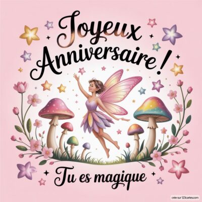 Carte d'anniversaire avec une fée dansante entourée de fleurs, de champignons et d'étoiles, avec le texte Joyeux Anniversaire ! Tu es magique