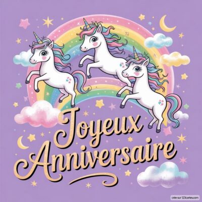 Trois licornes volent sous un arc-en-ciel, entourées de nuages et d'étoiles, avec le texte Joyeux Anniversaire en dessous.