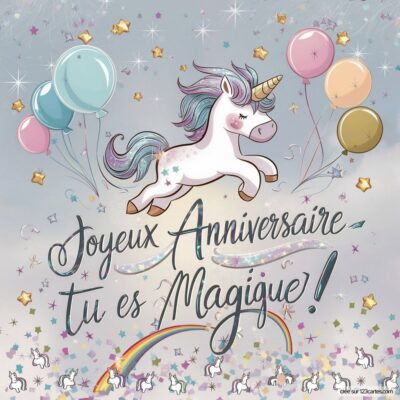 Illustration d'une licorne sautant avec des ballons, sous un ciel parsemé d'étoiles, avec le texte Joyeux Anniversaire tu es Magique !