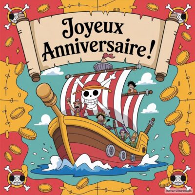 Bateau de pirates avec un équipage joyeux, naviguant sur l'eau, entouré de pièces d'or et le texte Joyeux Anniversaire !