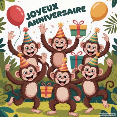 Six singes festifs portent des chapeaux d'anniversaire, tenant des ballons et des cadeaux. et le texte Joyeux Anniversaire.