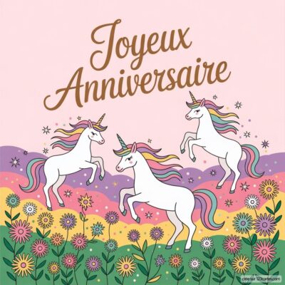 Trois licornes aux crinières multicolores sautent parmi des fleurs, avec le texte Joyeux Anniversaire.