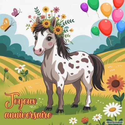 Carte anniversaire enfants avec un poney tacheté, portant une couronne de fleurs, entouré de ballons et d'un paysage champêtre.