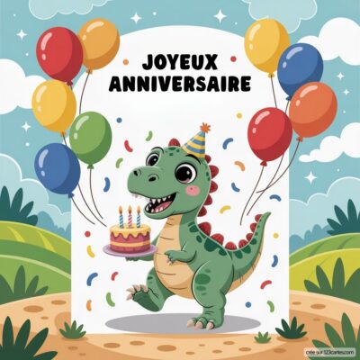 Carte anniversaire enfants représentant un dinosaure souriant avec un chapeau de fête, portant un gâteau et entouré de ballons.