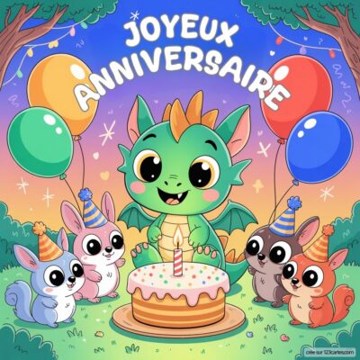 Carte d'anniversaire pour enfants montrant un petit dragon joyeux entouré de lapins, avec des ballons et un gâteau d'anniversaire.