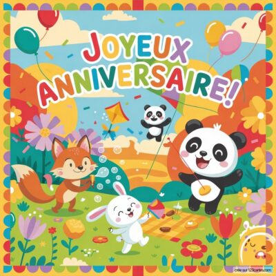 Carte d'anniversaire pour enfants avec un panda, un renard, un lapin et des ballons, accompagnés du texte Joyeux Anniversaire!