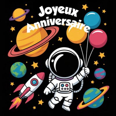 Carte d'anniversaire pour enfants avec un astronaute tenant des ballons, entouré de planètes et d'étoiles.