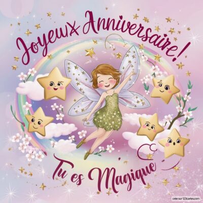 Carte d'anniversaire pour enfants avec une fée, des étoiles souriantes et un message festif Joyeux Anniversaire ! Tu es Magique.