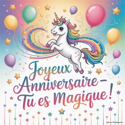 Carte d'anniversaire pour enfant avec une licorne sautant au dessus d'un arc-en-ciel et des ballons, accompagnée du message joyeux anniversaire.