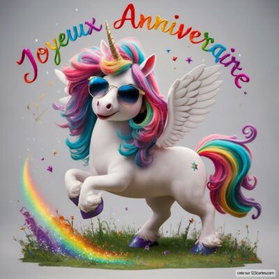 Une licorne joyeuse avec des lunettes de soleil et une crinière multicolore, entourée de paillettes et d'un arc-en-ciel.