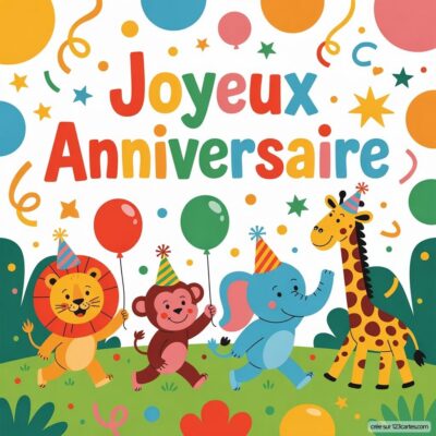 Trois animaux amusants, un lion, un singe et un éléphant, portent des chapeaux de fête et tiennent des ballons pour célébrer un anniversaire.
