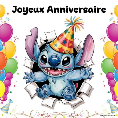 Carte d'anniversaire avec le personnage Stitch portant un chapeau de fête, entouré de ballons et d'une inscription Joyeux Anniversaire.
