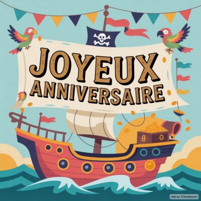 Carte d'anniversaire représentant un bateau pirate avec un drapeau, des perroquets et le message Joyeux Anniversaire.