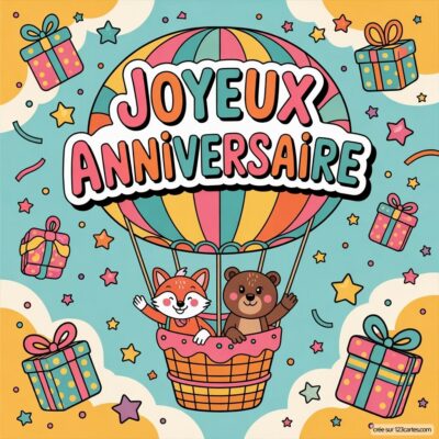 Carte d'anniversaire avec un renard et un ours dans une montgolfière, entourés de cadeaux et d'étoiles, souhaitant Joyeux Anniversaire.