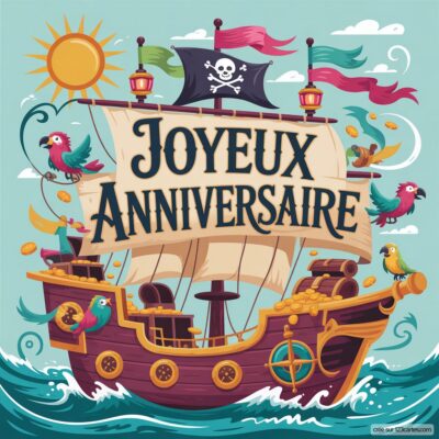 Bateau pirate naviguant sur des vagues, avec des perroquets et un soleil, portant le message Joyeux Anniversaire.