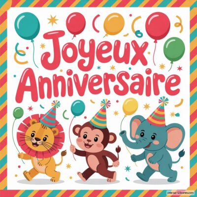 Carte d'anniversaire avec un lion, un singe et un éléphant portant des chapeaux de fête, tenant des ballons et célébrant.
