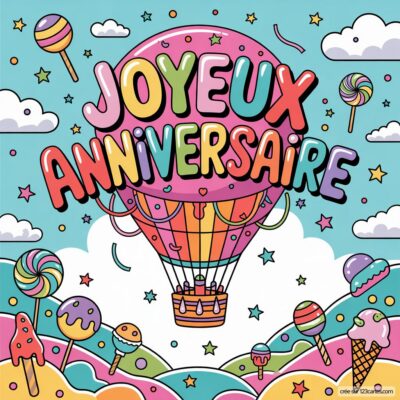 Un ballon dirigeable avec l'inscription Joyeux Anniversaire flotte au-dessus de bonbons, sucettes et glaces. Atmosphère festive.