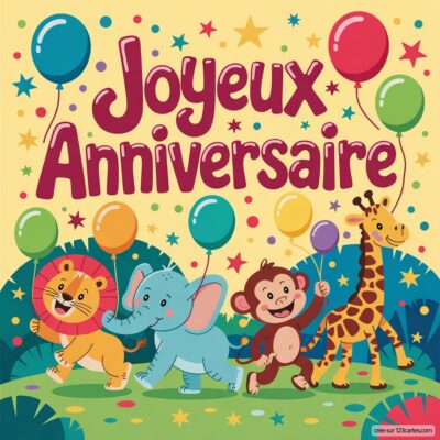 Carte d'anniversaire pour enfants avec un lion, un éléphant, un singe et une girafe tenant des ballons, entourés d'étoiles.