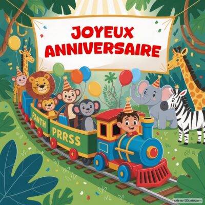 Carte d'anniversaire représentant un train avec des animaux et un enfant, entouré de ballons et de végétation, avec Joyeux Anniversaire au-dessus.