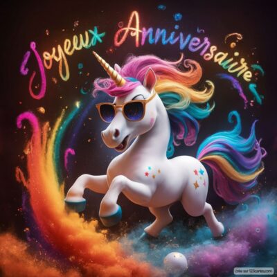 Carte d'anniversaire pour filles avec une licorne portant des lunettes de soleil, entourée d'étoiles et de nuages éclatants.