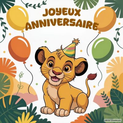 Carton d'anniversaire avec un lion mignon portant un chapeau de fête, entouré de ballons et de feuillage tropical.