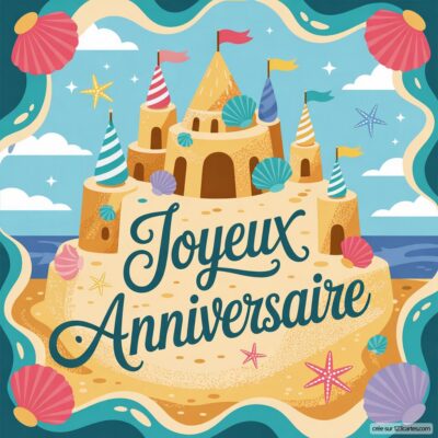 Carte d'anniversaire enfant avec un château de sable, des coquillages et l'inscription Joyeux Anniversaire en grand.