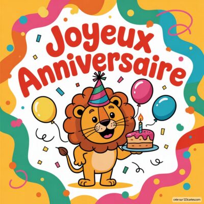 Un lion avec un chapeau de fête tient un gâteau d'anniversaire avec une bougie, entouré de ballons. Texte : Joyeux Anniversaire.