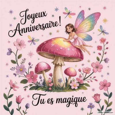 Carte d'anniversaire pour fille avec une fée assise sur un gros champignon, entourée de fleurs et de l'inscription joyeuse.