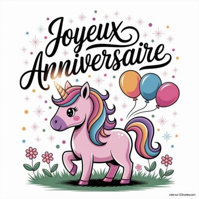 Carte d'anniversaire pour filles avec une licorne rose, des fleurs et des ballons. Texte en haut : Joyeux Anniversaire.