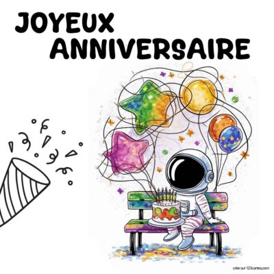 Un astronaute assis sur un banc, tenant des ballons et entouré d'un gâteau avec des bougies. Texte Joyeux Anniversaire.