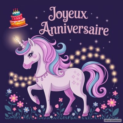 Carte d'anniversaire pour enfants avec un unicorn mignon, des fleurs, des étoiles scintillantes et un gâteau festif.
