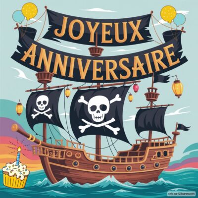 Carte d'anniversaire pour garçon avec un bateau pirate, des drapeaux, des ballons et un gâteau sur la plage.