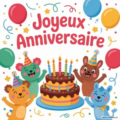 Quatre animaux souriants, portant des chapeaux de fête, entourent un gâteau d'anniversaire décoré avec des bougies et des ballons.