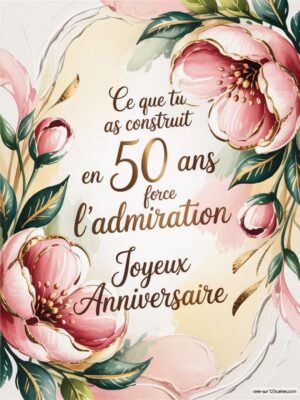 Texte festif avec des fleurs, célébrant un 50e anniversaire et exprimant l'admiration.