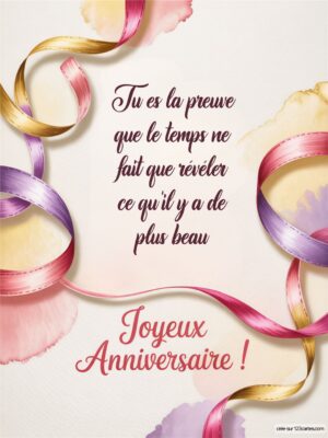 Texte d'anniversaire décoré de rubans colorés sur un fond pastel.