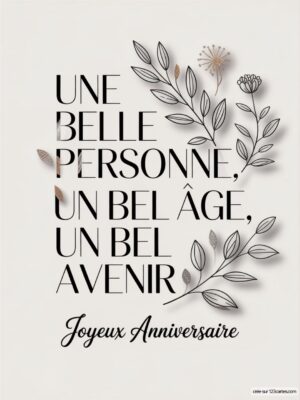 Texte de vœux d'anniversaire avec des motifs floraux et des éléments décoratifs.