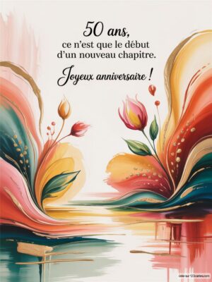 Texte coloré sur un fond abstrait illustrant les fleurs et un message d'anniversaire.
