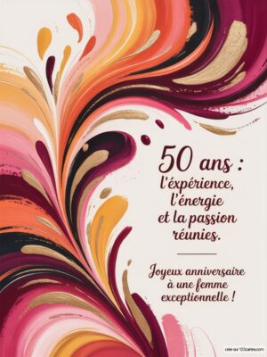 Texte coloré et stylisé annonçant un anniversaire, avec message de célébration pour une femme exceptionnelle.