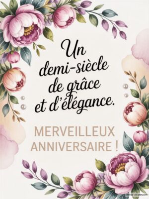 Texte artistique avec des fleurs, célébrant un anniversaire et évoquant grâce et élégance.