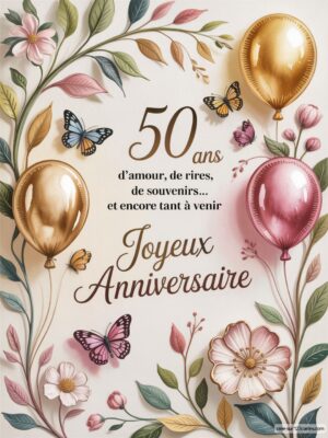 Texte décoratif avec des ballons, des fleurs et des papillons pour un anniversaire.