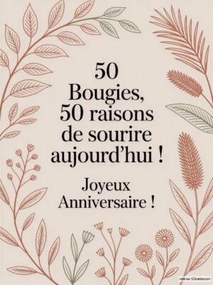Texte de vœux d'anniversaire avec des éléments floraux en arrière-plan.